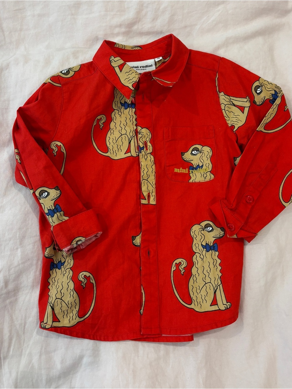 Mini Rodini Organic Red Dapper Dog Print Button-Up Shirt — Size 98 (2-3T)